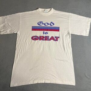 White vintage 90s cotton t-shirt with "God is Great" graphic